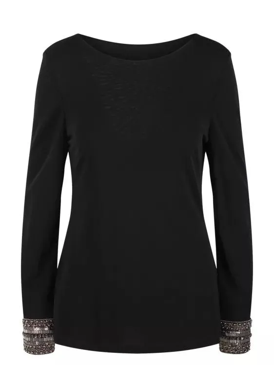   Alberta Ferretti  Embroidered Cuffs Jersey Top Black