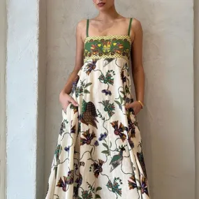 Botanisches Print Baumwoll-Leinen Träger-Maxikleid