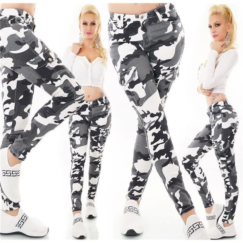 Damen Army-Look Röhrenjeans Cargo Camouflage Grau