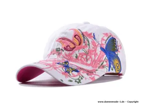 Damen Baseball Cap in Weiß mit Schmetterling Stickereien