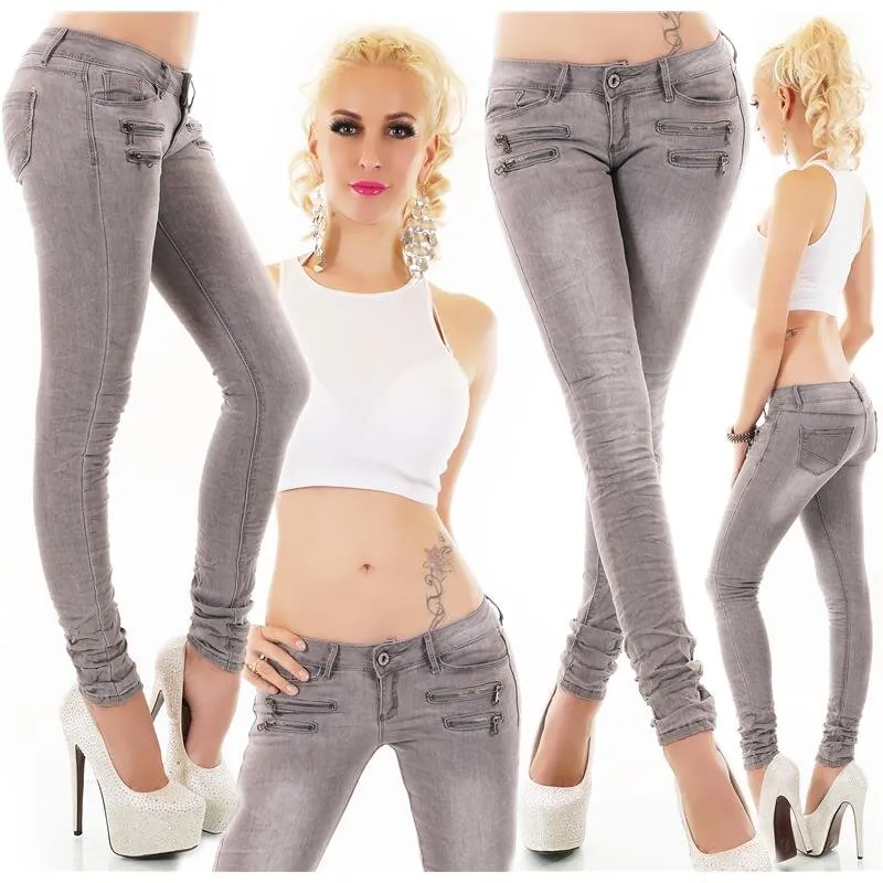 Damen Crashed-Look Röhrenjeans mit Zippern Schwarz