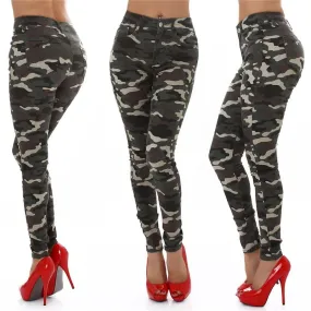 Damen High Waist Röhrenjeans Army-Look Camouflage Olivgrün