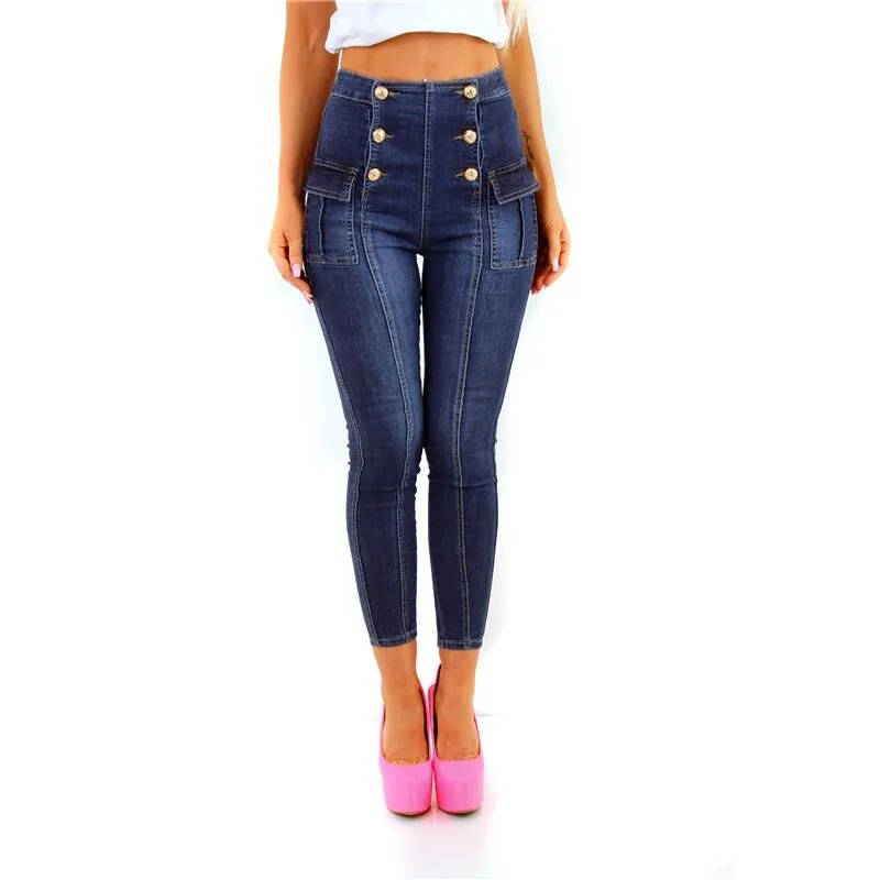 Damen High Waist Röhrenjeans mit Ziernähten Dunkelblau