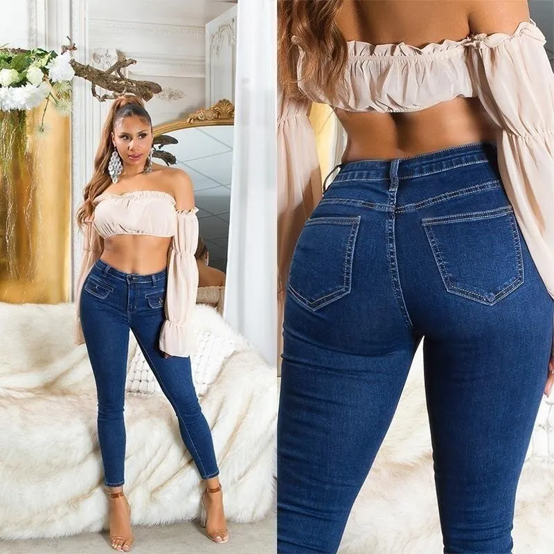 Damen Skinny Jeans Highwaist Röhrenjeans Dunkelblau