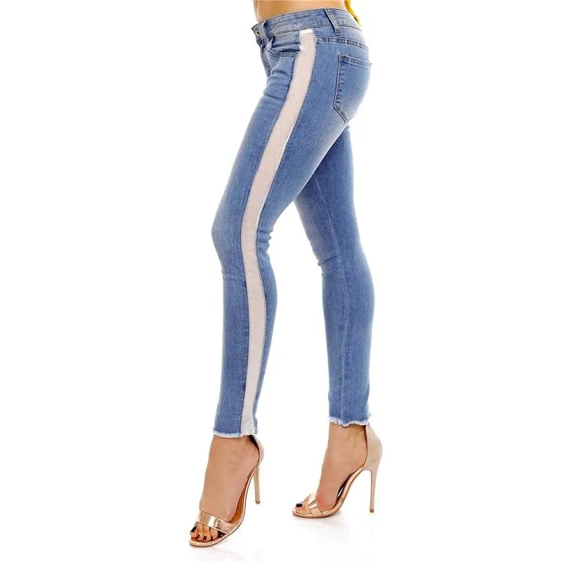 Damen Skinny Röhrenjeans mit Netzstreifen Used-Look Hellblau