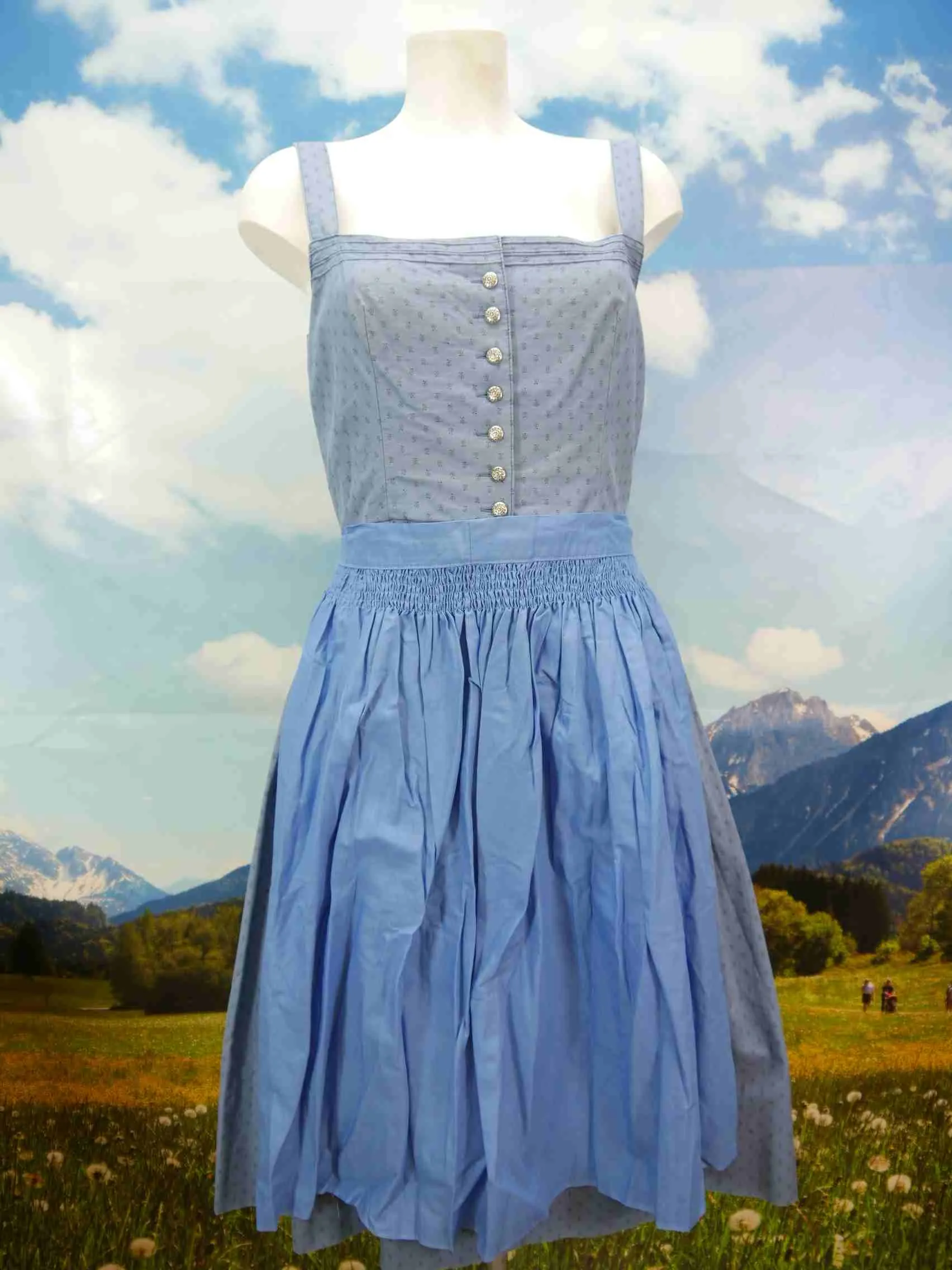 Distler Original Baumwolle blau mit Träger tolles Dirndl mit Schürze Gr.38