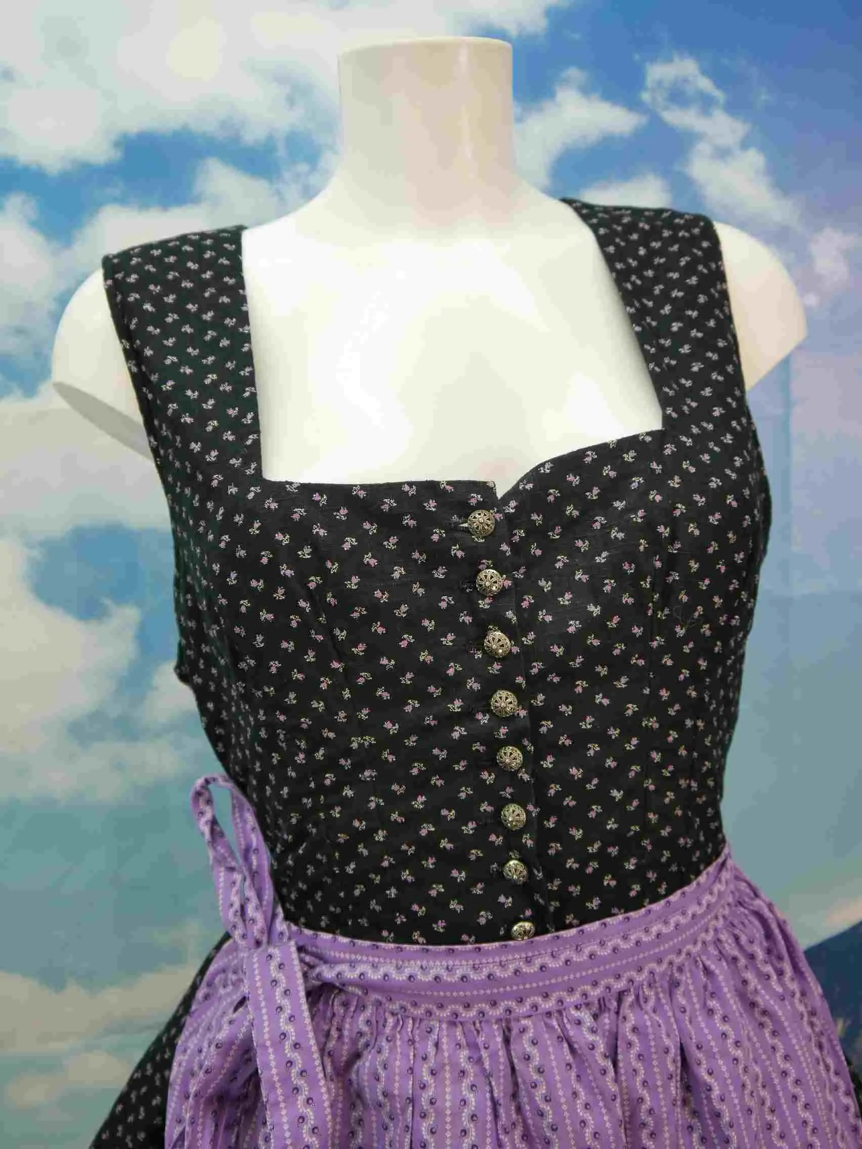 Handgenäht schwarz herrlich 60er Jahre süßes Vintage Dirndl mit Schürze Gr.42