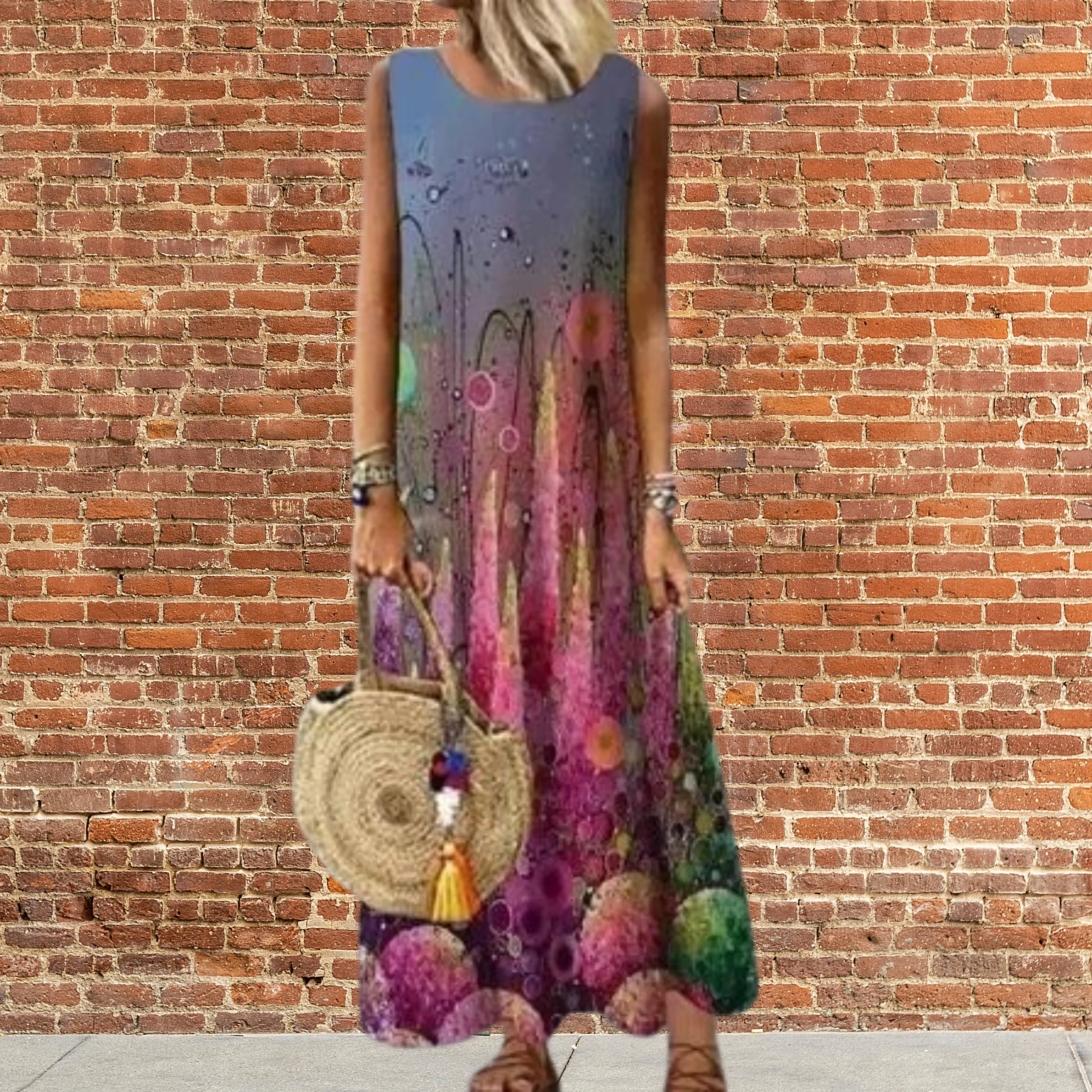 Heidi - Langes Kleid mit Rundhalsausschnitt und Blumenmuster