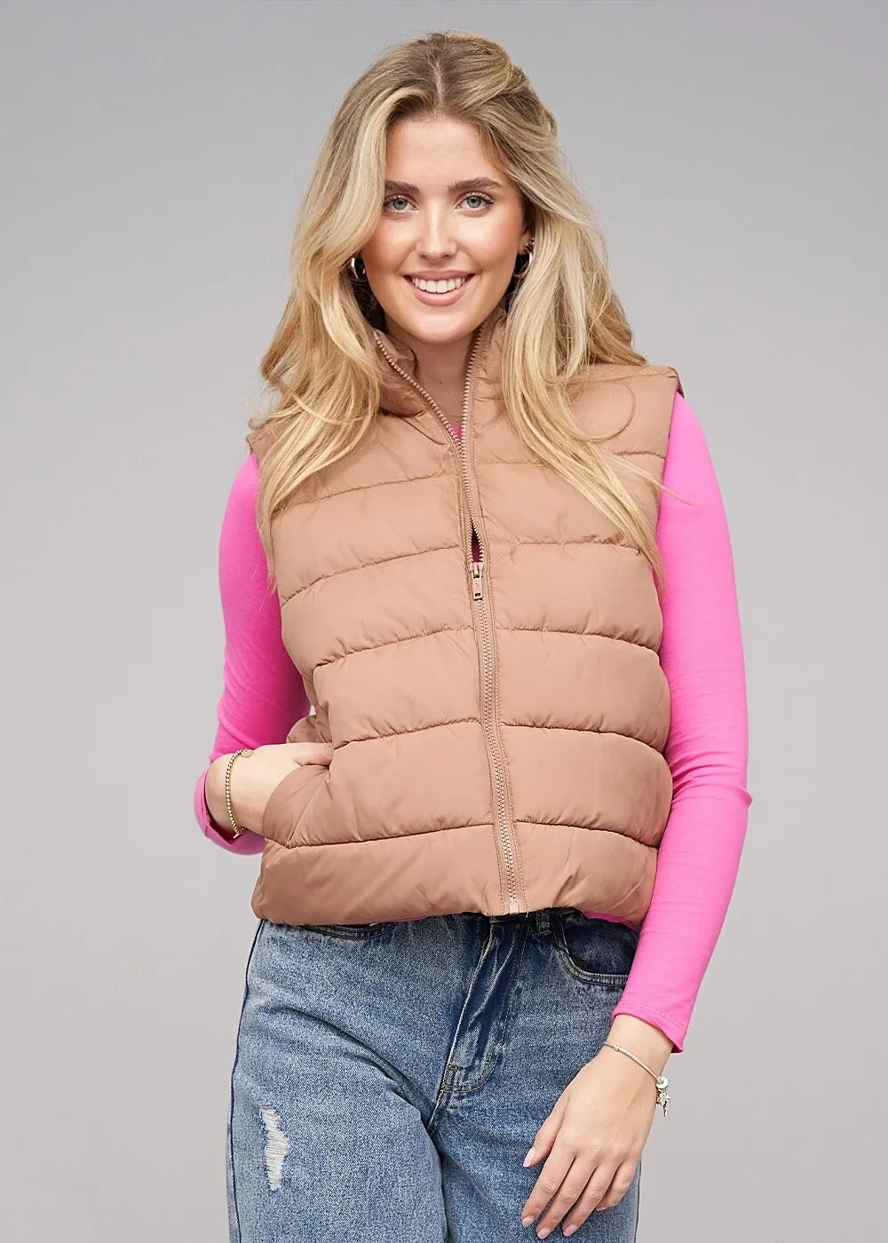 Noisy May Damen NOOS High-Neck Steppweste 2 Pockets braun
