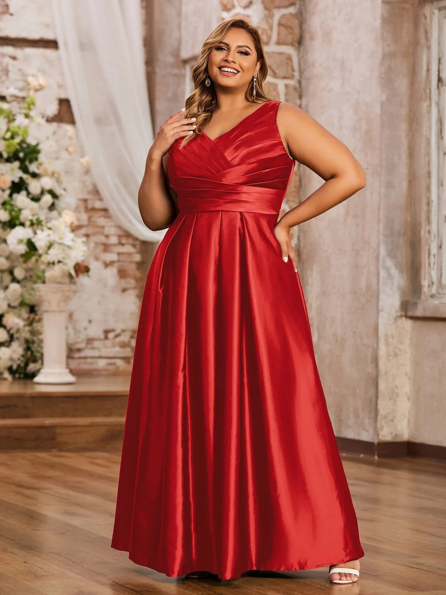 Offener Rücken Lang Satin Kleid mit V-Ausschnitt Rot
