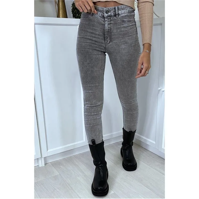 Sexy hautenge Damen Highwaist Röhrenjeans Acid-Wash Grau