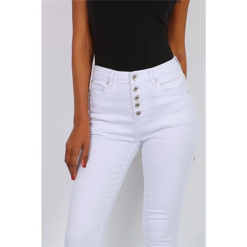 Skinny Damen Stretch Röhrenjeans mit Knopfleiste Weiß