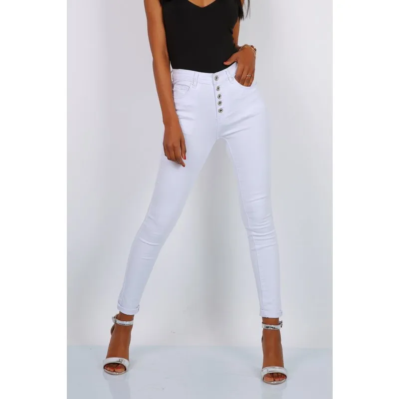 Skinny Damen Stretch Röhrenjeans mit Knopfleiste Weiß